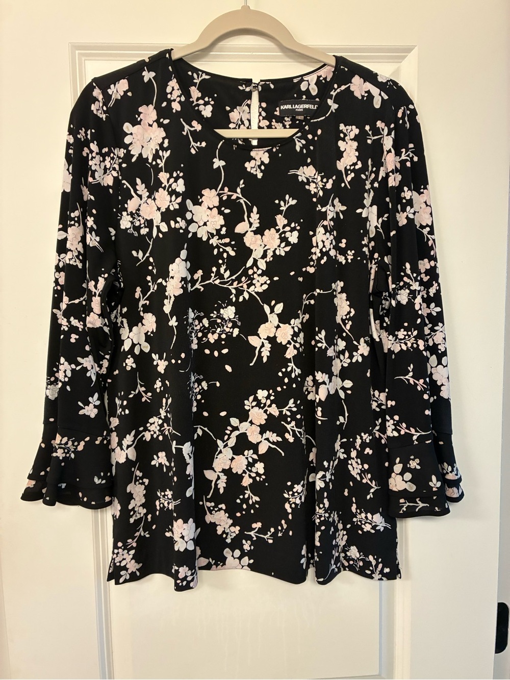 Karl Lagerfeld Black Blouse with Light Pink Floral Motif